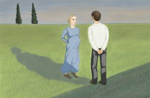 An illustration of two figures facing each other in an open field at sunset. Two tall, skinny trees stand in the background. The female figure is a Mennonite woman in a blue dress who is pregnant. She is facing the man, who stands in the foreground, back to the viewer.