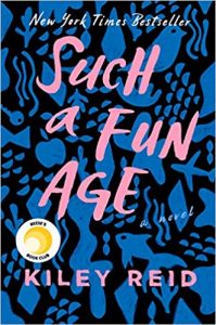 An abstract book cover with a black background and bright blue shapes -- bird, plane, fish, apple. In pink, the title, Such a Fun Age, and author, Kylie Reid.