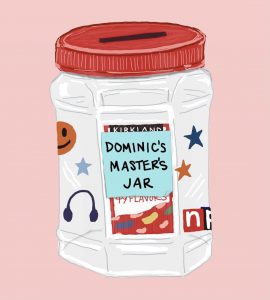 An illustration of a large, empty jellybean jar with a slit cut in the lid and a Post-It on the front that says "Dominic's Master's Jar" in all caps. There are stickers around the outside.