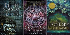 Three book covers, each with close ups of architectural details. The titles are The Fifth Season, The Obelisk Gate, and The Stone Sky, all by N.K. Jemisin.