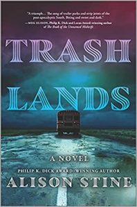 A book cover with a school bus driving away down a road covered in water. An eerie sky looms ahead with a gradient of blues, greens, and purples. The title is Trashlands, and the author is Alison Stine.